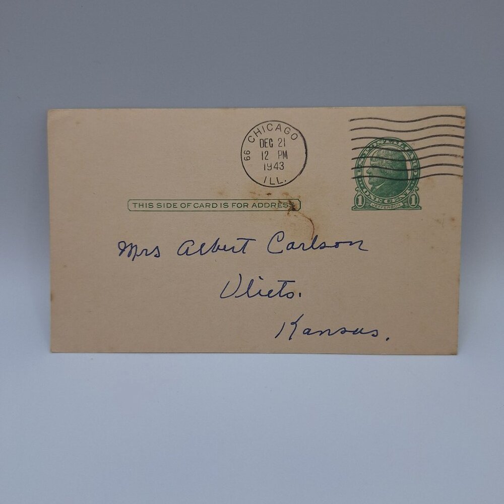 Vintage 1943 One Cent Jefferson Postcard Chicago Illinois Postmark Collectible